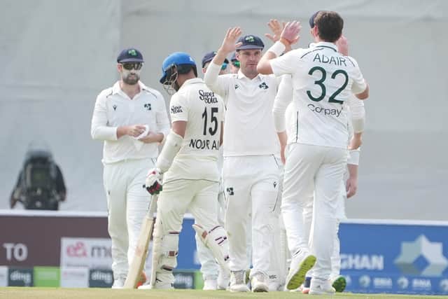 Mark Adair celebrates taking a wicket against Afghanistan. Picture: ACB