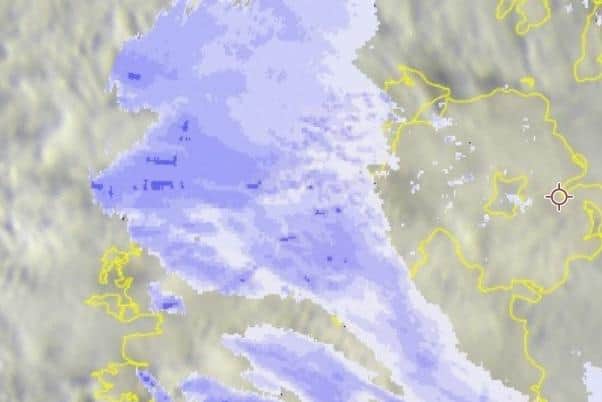 An image based on satellite of heavy rain coming in from the Atlantic at 745pm on Friday August 4 2023, already over Ulster and heading east over Northern Ireland. The Met Office issued a warning of a major down pour late on Friday and all of Saturday morning. Image taken from meteoradar.co.uk