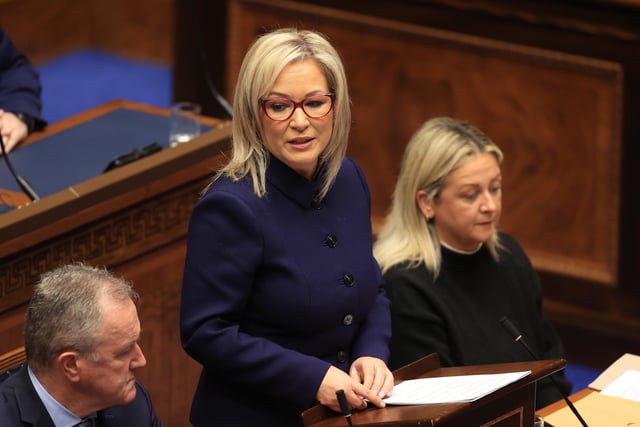Sinn Fein vice-president Michelle O'Neill speaking after she has been appointed as Northern Ireland's First Minister during proceedings of the Northern Ireland Assembly in Parliament Buildings, Stormont