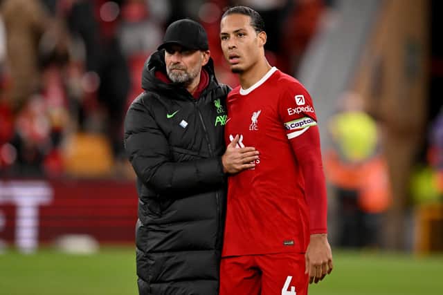 Liverpool manager Jurgen Klopp and captain Virgil van Dijk at the end of the game against Manchester United at Anfield