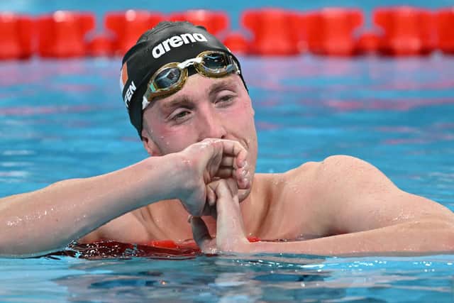 Magherlin swimmer Daniel Wiffen will now continue his bid to become a double gold Olympic Games winner with Team Ireland on Sunday thanks to success across Saturday's men's 1500m freestyle heats, having previously won the 800m freestyle event. (Photo by AP Photo/Matthias Schrader)