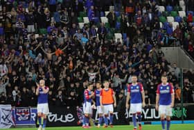 Linfield fans and players celebrate following the final whistle of home success over Glentoran by 2-0 in the Sports Direct Premiership. (Photo by David Maginnis/Pacemaker Press)