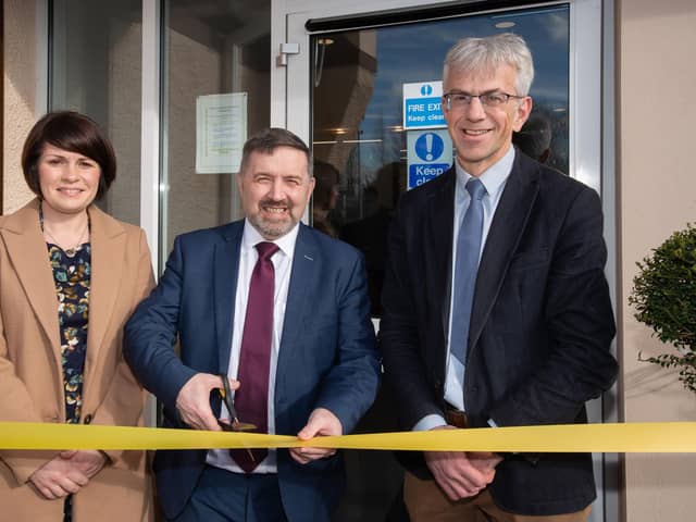 Health Minister Robin Swann pictured at the opening of the newly renovated Toome Surgery with Dr Amanda Watterson and Dr Adrian Johnston