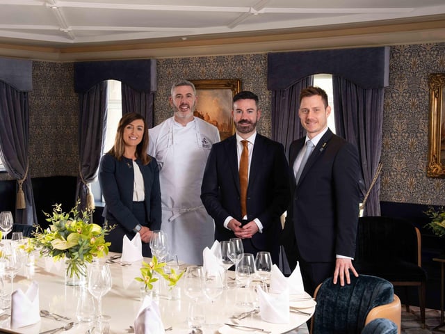 The Culloden Estate & Spa’s senior event manager, Michelle Wells, executive head chef, Mark Begley, general manager, Cormac Fadden and deputy general manager, Andre Joubert are pictured as the leading 5-star hotel celebrates its 150th anniversary with the completion of its second renovation programme of 2026, a £120,000 upgrade designed to further enhance the luxury guest experience