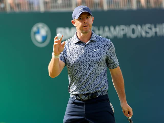 Northern Ireland's Rory McIlroy reacts after making par on the 18th green during the first round of the BMW Championship at Olympia Fields Country Club in Olympia Fields, Illinois. (Photo by Michael Reaves/Getty Images)