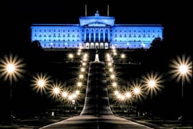 Stormont, the seat of the NI Assembly (lit up in blue for the jubilee, 2022)