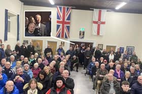 The anti-protocol rally in Ballyclare on Friday night, with DUP MP Paul Girvan (inset) watching from the back of the hall
