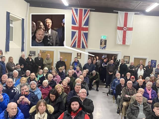 The anti-protocol rally in Ballyclare on Friday night, with DUP MP Paul Girvan (inset) watching from the back of the hall