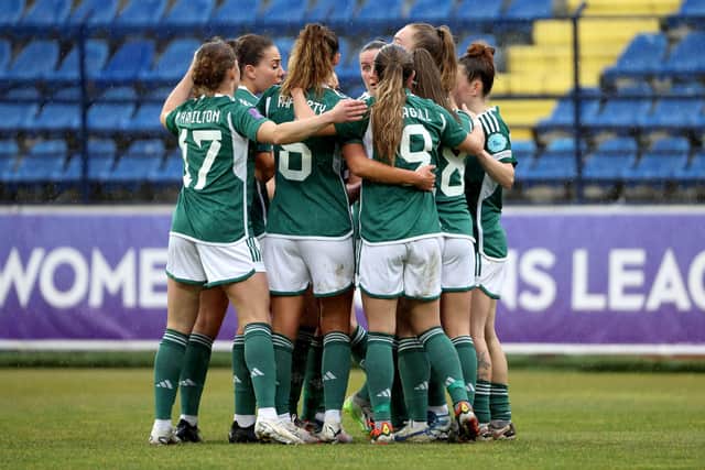 Northern Ireland’s Lauren Wade celebrates scoring against Montenegro during Friday’s UEFA Women's Nations League play-off at the Gradski Stadion in Podgorica
