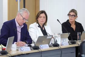 Sinn Fein’s Gerry Kelly, Deirdre Hargey and Linda Dillon pictured at the monthly Policing Board public meeting. Picture by Jonathan Porter/PressEye