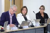 Sinn Fein’s Gerry Kelly, Deirdre Hargey and Linda Dillon pictured at the monthly Policing Board public meeting. Picture by Jonathan Porter/PressEye