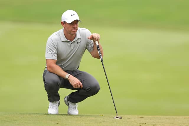 Northern Ireland's Rory McIlroy lines up a putt on the tenth green during the first round of the FedEx St. Jude Championship at TPC Southwind on August 10, 2023 in Memphis, Tennessee. (Photo by Gregory Shamus/Getty Images)