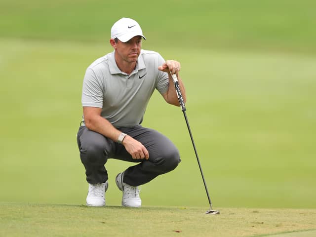 Northern Ireland's Rory McIlroy lines up a putt on the tenth green during the first round of the FedEx St. Jude Championship at TPC Southwind on August 10, 2023 in Memphis, Tennessee. (Photo by Gregory Shamus/Getty Images)