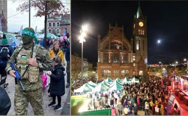 The image of the 'Palestinian gunman', and an image from Derry City and Strabane District Council showing the layout of the Guildhall Square