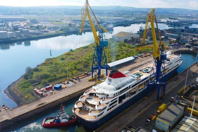 The Villa Vie Odyssey undergoing rennovations in dry dock at Belfast harbour. It has been undergoing work in Belfast since May.
