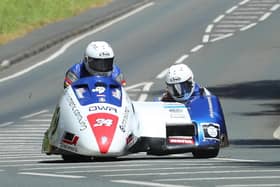Father and son Sidecar team Roger and Bradley Stockton at Bedstead in the ill-fated second Sidecar race at last year's Isle of Man TT