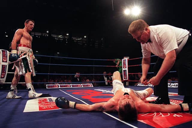 PACEMAKER BELFAST 23/5/99 Belfast's Eamon Magee celebrates his third round KO of Englands Alan Temple on the under card of last nights boxing at the Maysfield leisure centre in Belfast.