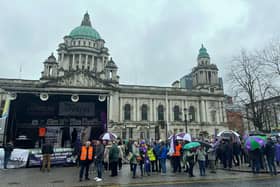 Members of the Unison and Nipsa unions, including representatives from the Northern Ireland Ambulance Service (NIAS) protest outside Belfast City Hall, in an ongoing row over pay and conditions. Picture date: Friday March 31, 2023.