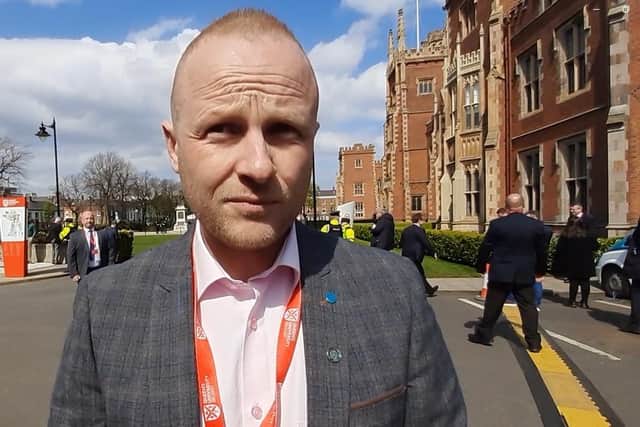 Jamie Bryson speaking to the News Letter at the QUB conference on the Good Friday Agreement, 19-04-23