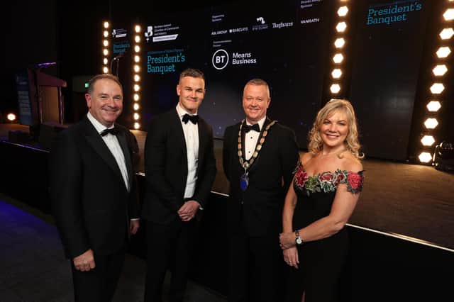 Paul Murnaghan, regional director for BT Business in Northern Ireland, Johnny Sexton, Cathal Geoghegan, president, NI Chamber and Suzanne Wylie, chief executive, NI Chamber pictured at the Northern Ireland Chamber of Commerce and Industry President’s Banquet 2023 at the ICC Belfast. Picture by Kelvin Boyes / Press Eye.
