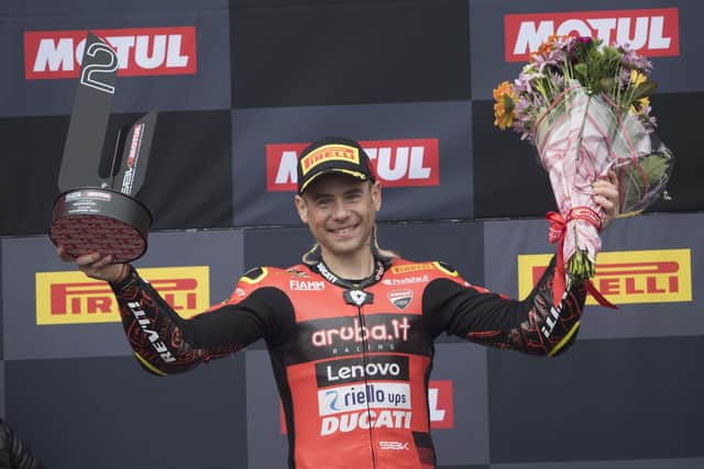 Ducati rider Alvaro Bautista leads the World Superbike Championship by 30 points despite crashing out of race two at Magny-Cours in France on Sunday after he was struck by Jonathan Rea.