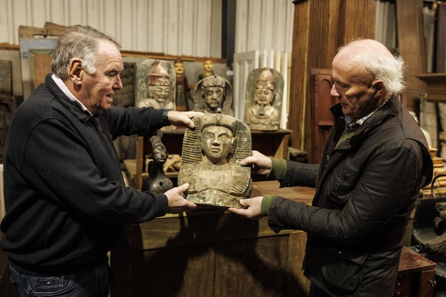 Gerard Derry of Derrys Furniture, Armagh with Victor Mee of Victor Mee Auctions with a pair of wooden hand carved Egyptian pharaoh busts