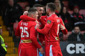 Cliftonville celebrate after Joe Gormley opened the scoring in their 3-0 Premiership win against Crusaders at Solitude, Belfast. PIC: INPHO/Stephen Hamilton