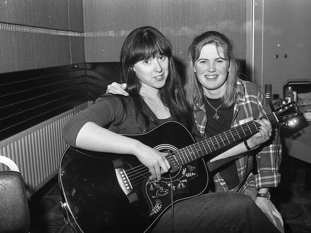 At the end of February 1992 the heat of the beat brought pupils from schools across Northern Ireland to Belfast for the Panasonic Rock School. For the seven finalist bands, it was gig which could lead them to the big time. First there would be a spot on Radio Five, then the chance of making it to the final in London and meeting the greats including Toyah Wilcox, Robert Plant and Phil Oakey. Pictured at the finals are Jennifer McQuillan and Hazel Morris from Coleraine High School. Picture: News Letter archives
