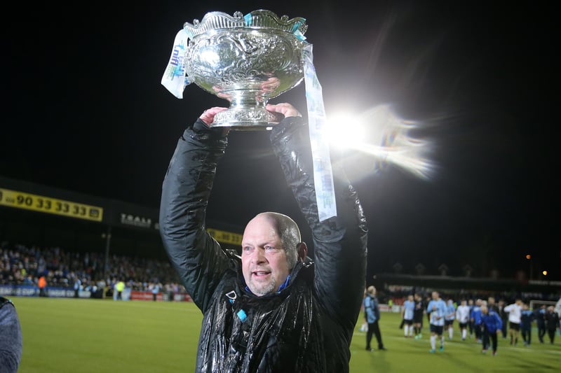 David Jeffrey proudly lifts the Irish League Cup trophy after Ballymena United defeated Carrick Rangers 2-0