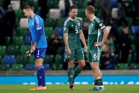 Northern Ireland goalkeeper Bailey Peacock-Farrell (left) with Jonny Evans (centre) and George Saville at Windsor Park on Tuesday night
