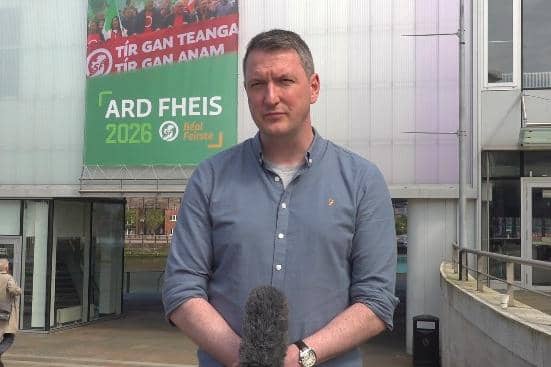 MP John Finucane speaking to the media at the Sinn Fein Ard Fheis (annual conference) at International Convention & Exhibition Centre in Belfast. Picture: Claudia Savage/PA Wire