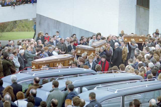 The funerals of five of the victims of lthe UFF massacre in The Rising Sun Bar in Greysteel. The area came to a standstill as thousands turned out to pay their last respects.
PACEMAKER PRESS 2/11/1993
