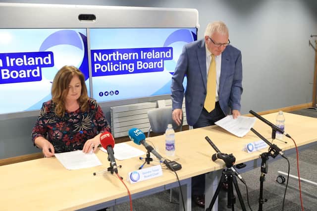 Policing Board chair Deirdre Toner, and Edgar Jardine, vice chair, during a press conference following a meeting in Belfast to discuss the recruitment of a new chief constable for the PSNI