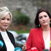 First Minister Michelle O'Neill (left) and Deputy First Minister Emma Little-Pengelly are the focus of an event in Washington. Photo credit should read: Oliver McVeigh/PA Wire