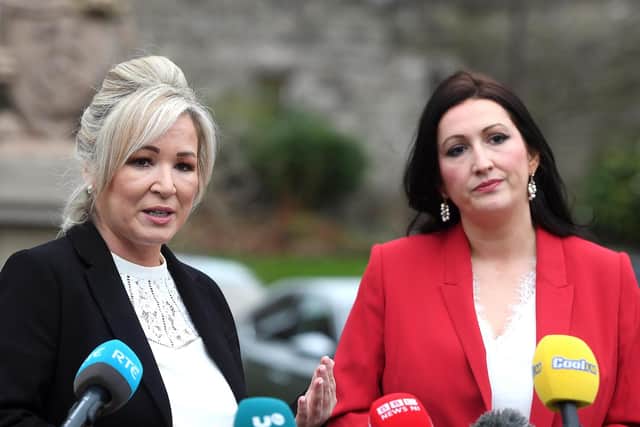 First Minister Michelle O'Neill (left) and Deputy First Minister Emma Little-Pengelly are the focus of an event in Washington. Photo credit should read: Oliver McVeigh/PA Wire