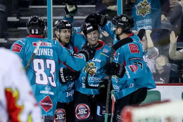 Belfast Giants' Chris Higgins celebrates scoring against HK Gomel during the Continental Cup Final game at the SSE Area, Belfast, in January 2019.   Photo by William Cherry/Presseye