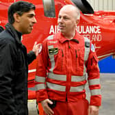 Prime Minister Rishi Sunak during a visit to Air Ambulance Northern Ireland at their headquarters in Lisburn on Sunday evening. Pic: Carrie Davenport/PA Wire