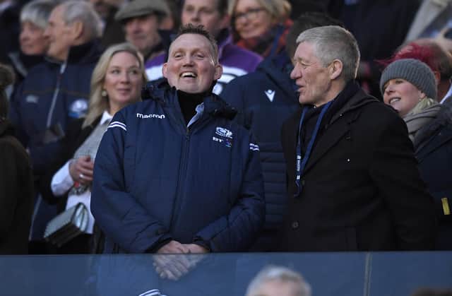Doddie Weir (left) with fellow former Scotland player John Jeffrey during the 2020 Guinness Six Nations match between Scotland and England at Murrayfield in February 2020. (Photo by Stu Forster/Getty Images)
