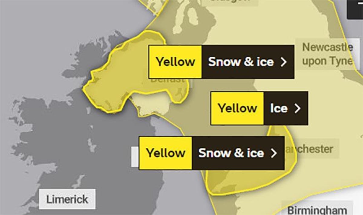 Met Office weather warning for snow and ice issued for Northern Ireland for today