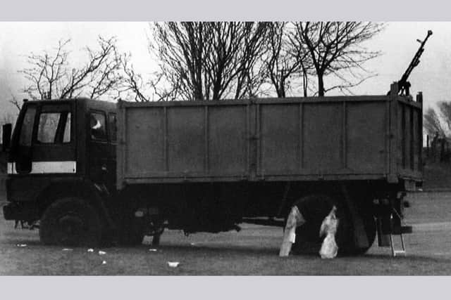 The lorry used by IRA terrorists to launch an attack on Coalisland R.U.C. Station, County Tyrone. Clearly visible is the 12.7MM heavy machine gun mounted on rear of vehicle. Four IRA members died when troops engaged the fleeing attackers.