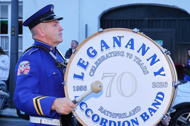 Legananny Accordion Band who led the parade on their 70th anniversary with bass drummer, Sammy Heenan.