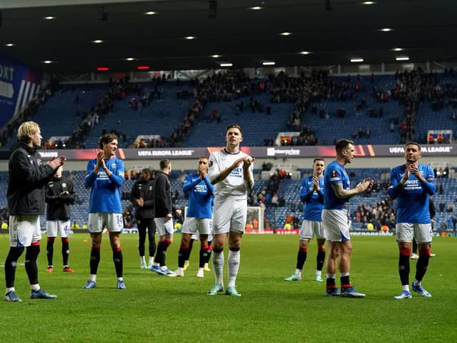Rangers players applaud supporters following a recent UEFA Europa League Group C match at the Ibrox Stadium