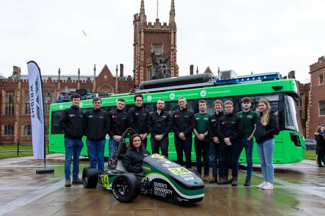 Northern Ireland-based manufacturer Wrightbus has teamed up with students from Queen’s University Belfast by sponsoring a new electric racing car which will be entered into a competition later this year. Pictured are the team of engineering students who revealed the car at a launch event held at the university on Tuesday, March 28
