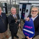 Cllr Ivor Wallace, Mayor of Causeway Coast and Glens Borough Council officially opens Weev’s new ultra-rapid EV charging hub, based at McGuckian Milling Company, Cloughmills, with  Barney McGuckian, owner of McGuckian Milling Company and Philip Rainey, CEO of Weev. The hub is open to the public 24 hours a day with the location chosen to meet the needs of commuters and holidaymakers on one of Northern Ireland’s busiest routes