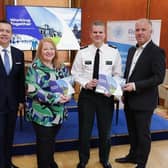 Following an extensive survey of its members Retail NI have today launched a comprehensive action plan to tackle crime against its members at the NI Assembly.  Pictured are Retail NI CEO Glyn Roberts, Justice Minister Naomi Long MLA, deputy chief constable Chris Todd and Retail NI chair Paddy Murney