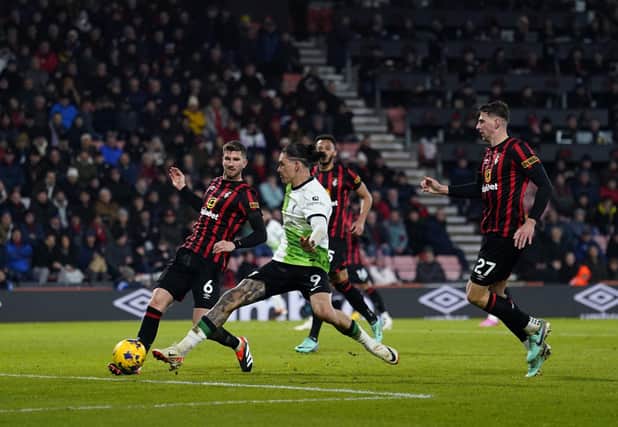 Liverpool's Darwin Nunez scores goal number four in the Premier League win over Bournemouth at the Vitality Stadium. (Photo by Andrew Matthews/PA Wire)