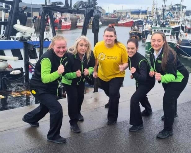 Asda staff from Kilkeel are running the Belfast Marathon relay to raise money for the Cancer Fund for Children; Jenna Pugh, Isla Curran, Shauna McCartan, Nicole Hennity and Natalie Wallace work in the store’s bakery, deli, produce and chilled departments.