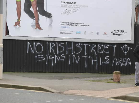 Graffiti in the Castlereagh Road area rejecting the prospect of Irish street names in that part of east Belfast. A freedom of information request has revealed over 600 requests for 464 bilingual signs in Belfast
