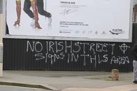 Graffiti in the Castlereagh Road area rejecting the prospect of Irish street names in that part of east Belfast. A freedom of information request has revealed over 600 requests for 464 bilingual signs in Belfast