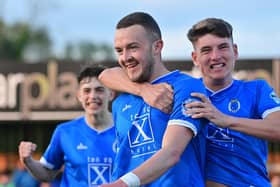 Michael O'Connor celebrates after scoring for Dungannon Swifts in their play-off victory over Annagh United. PIC: Colm Lenaghan/ Pacemaker Press